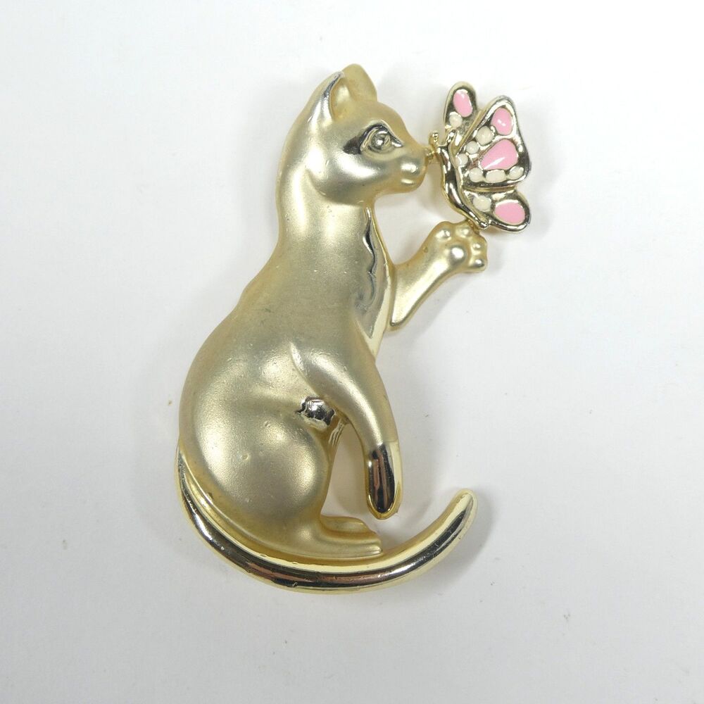 Vintage Cat Pin Pink Enamel Butterfly Matte Goldtone Vintage Brooch
